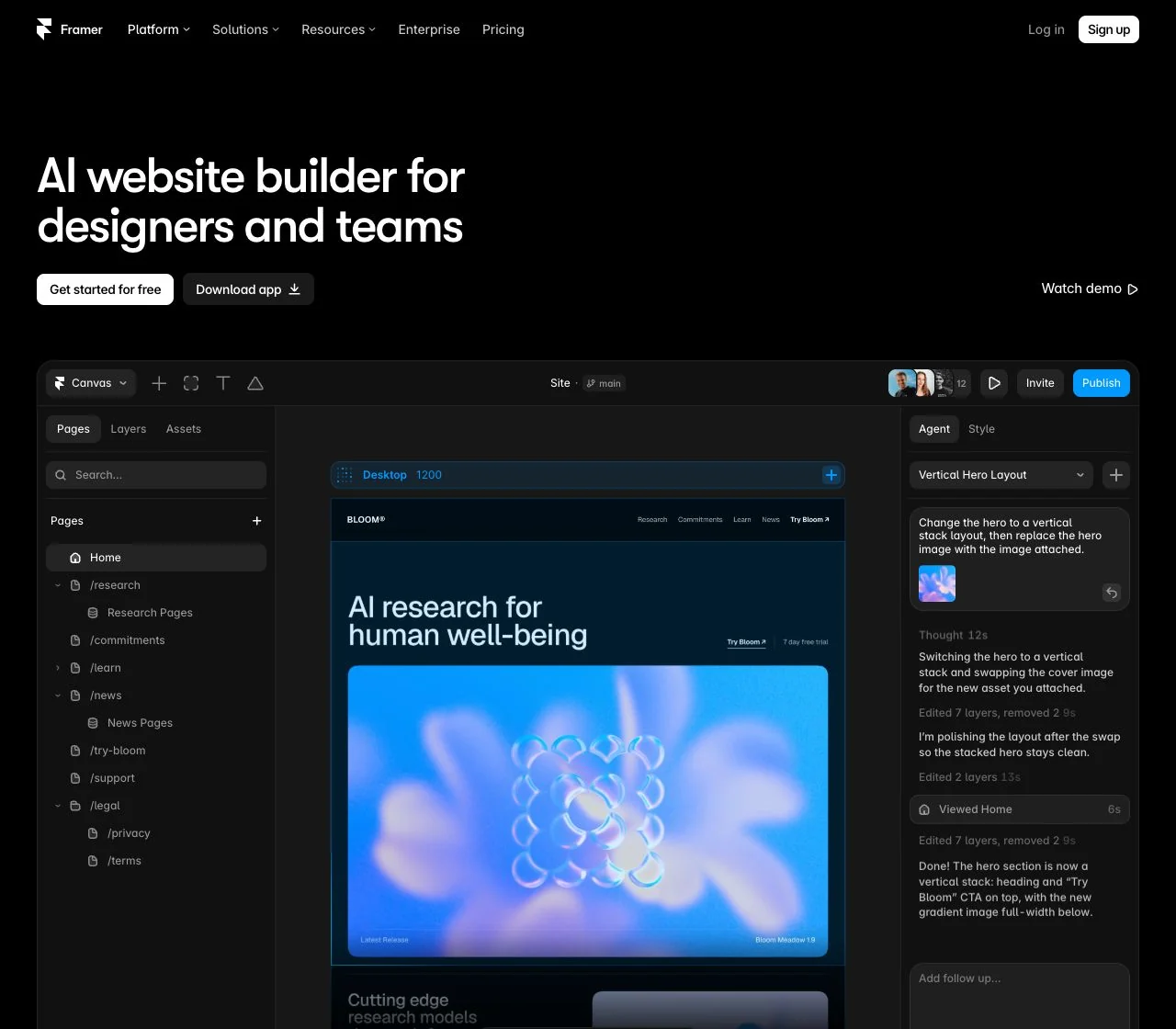 Framer AI canvas agent preview with editable website and chat panel