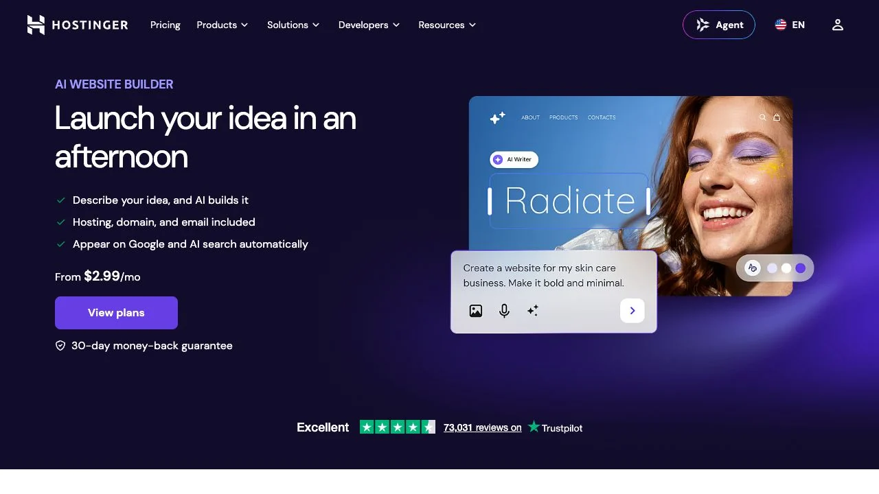 Hostinger AI website builder page showing its prompt and website preview