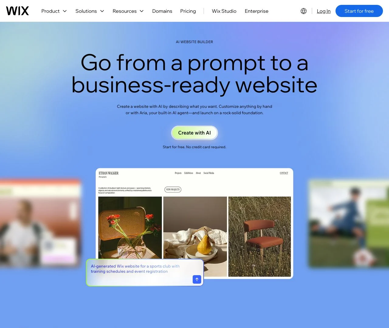 Wix AI website builder page describing prompt generation and Aria editing
