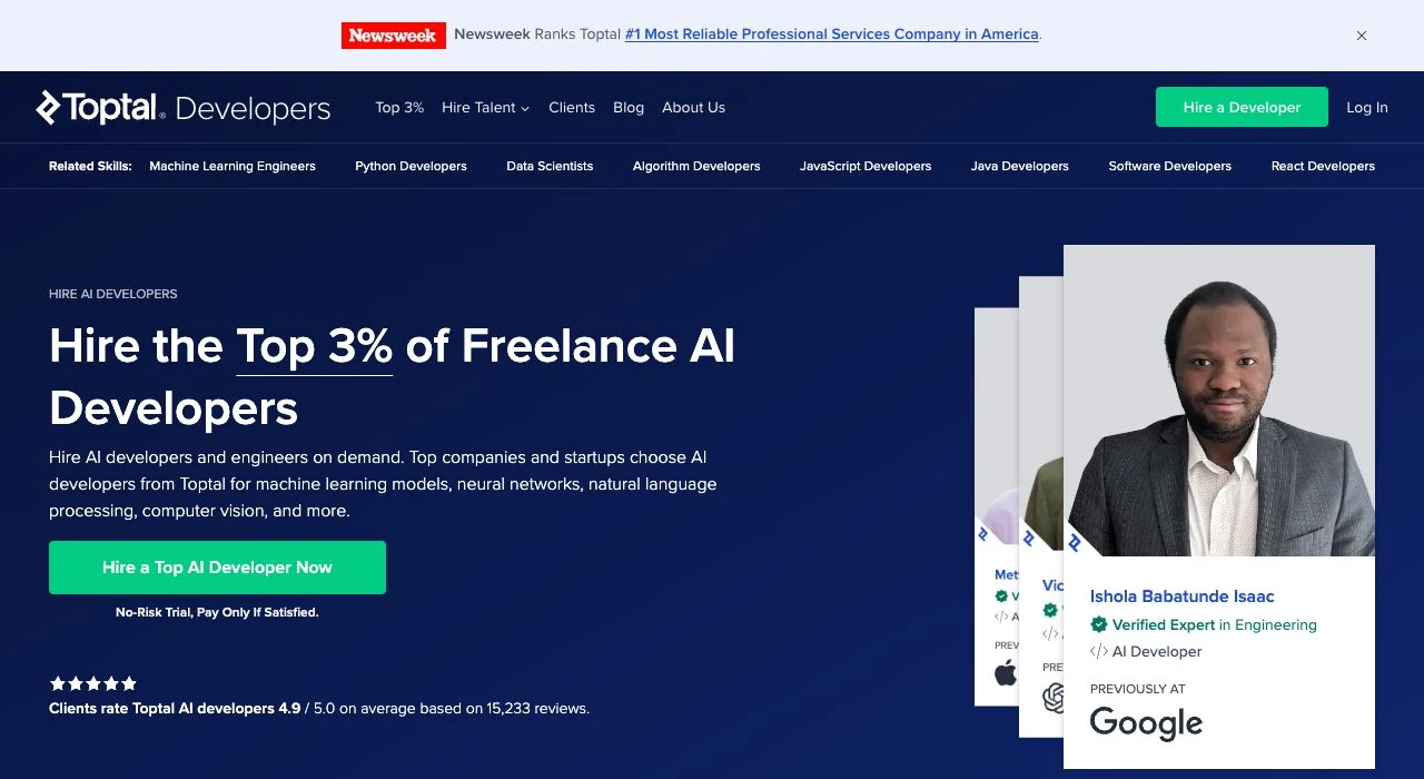 Toptal AI developer hiring page with specialist profiles and client hiring link