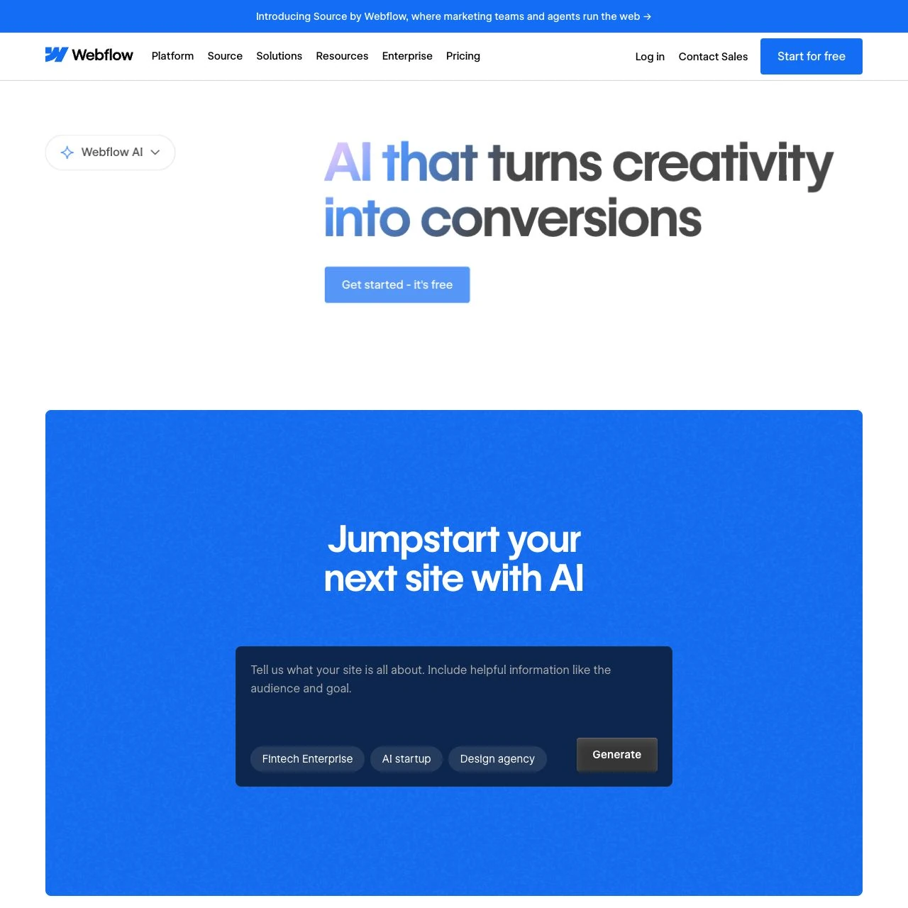 Webflow’s official AI feature page with the business brief entry for its site builder