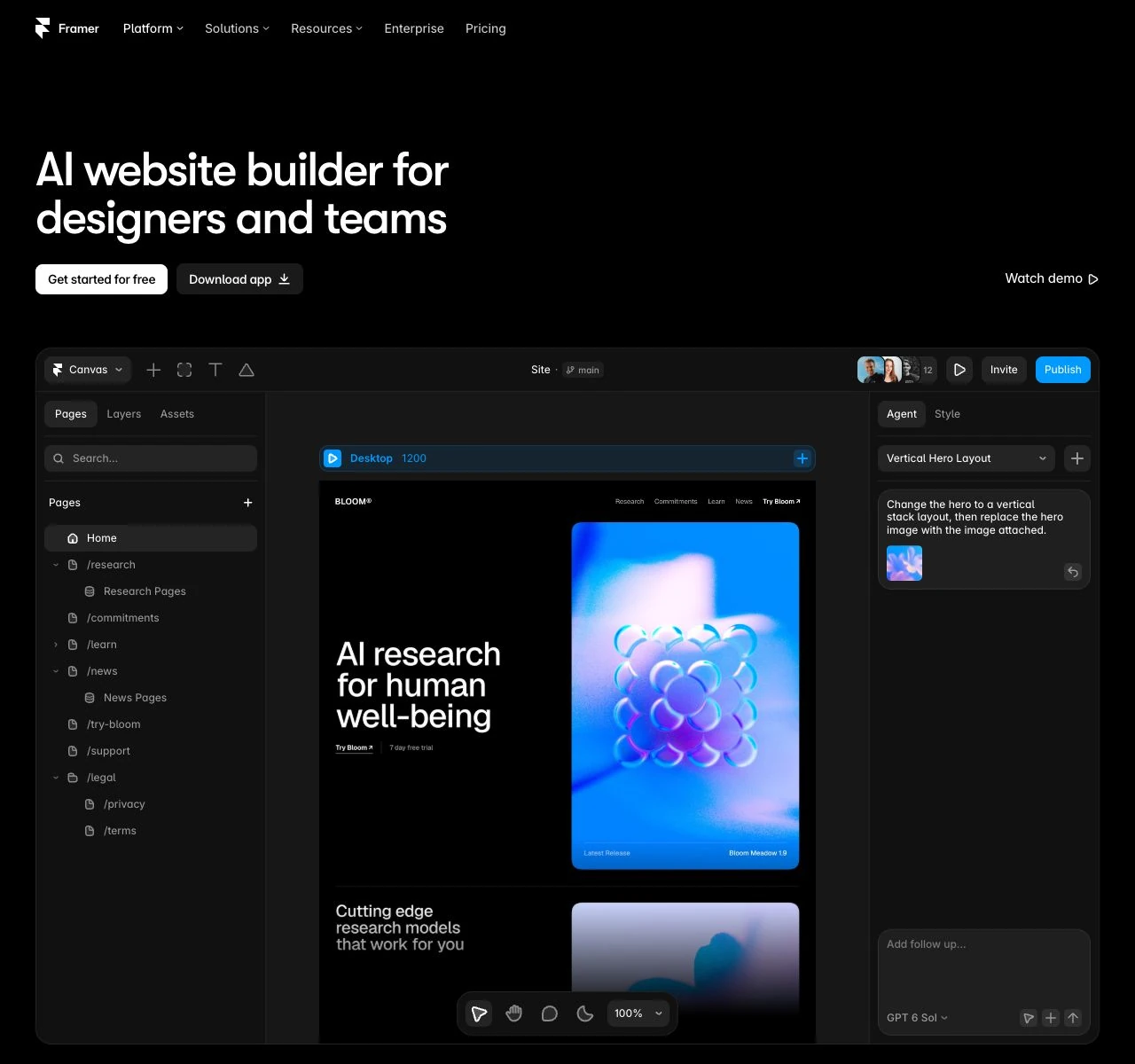 Framer’s official demonstration of an Agent working on an editable website canvas