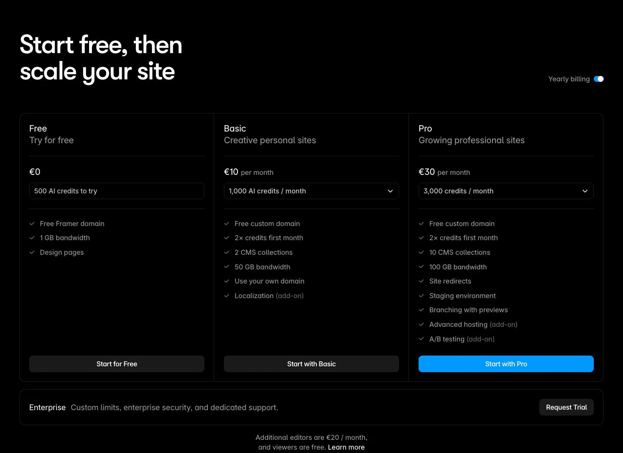 Framer annual pricing captured in euros, with Basic at €10 and Pro at €30 per month equivalent