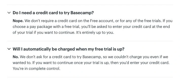 Basecamp trial FAQ explaining that a credit card is not required and the trial does not charge automatically