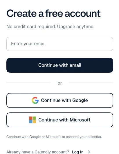 Calendly’s first signup step with an email field and Google or Microsoft options