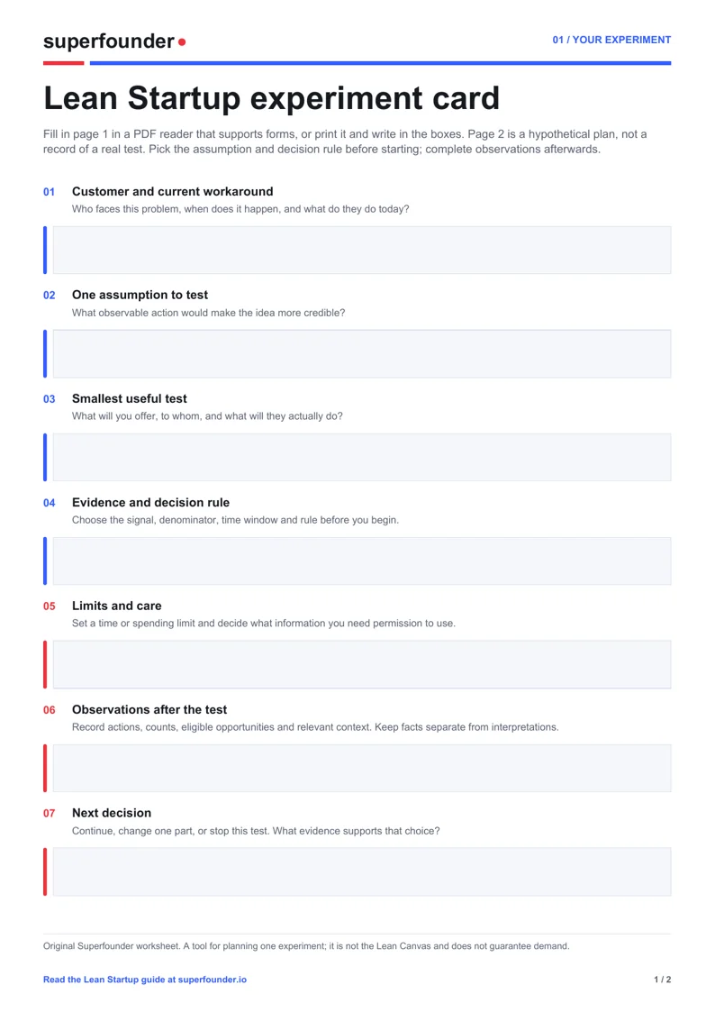 Preview of the blank Superfounder experiment card with seven planning and observation fields