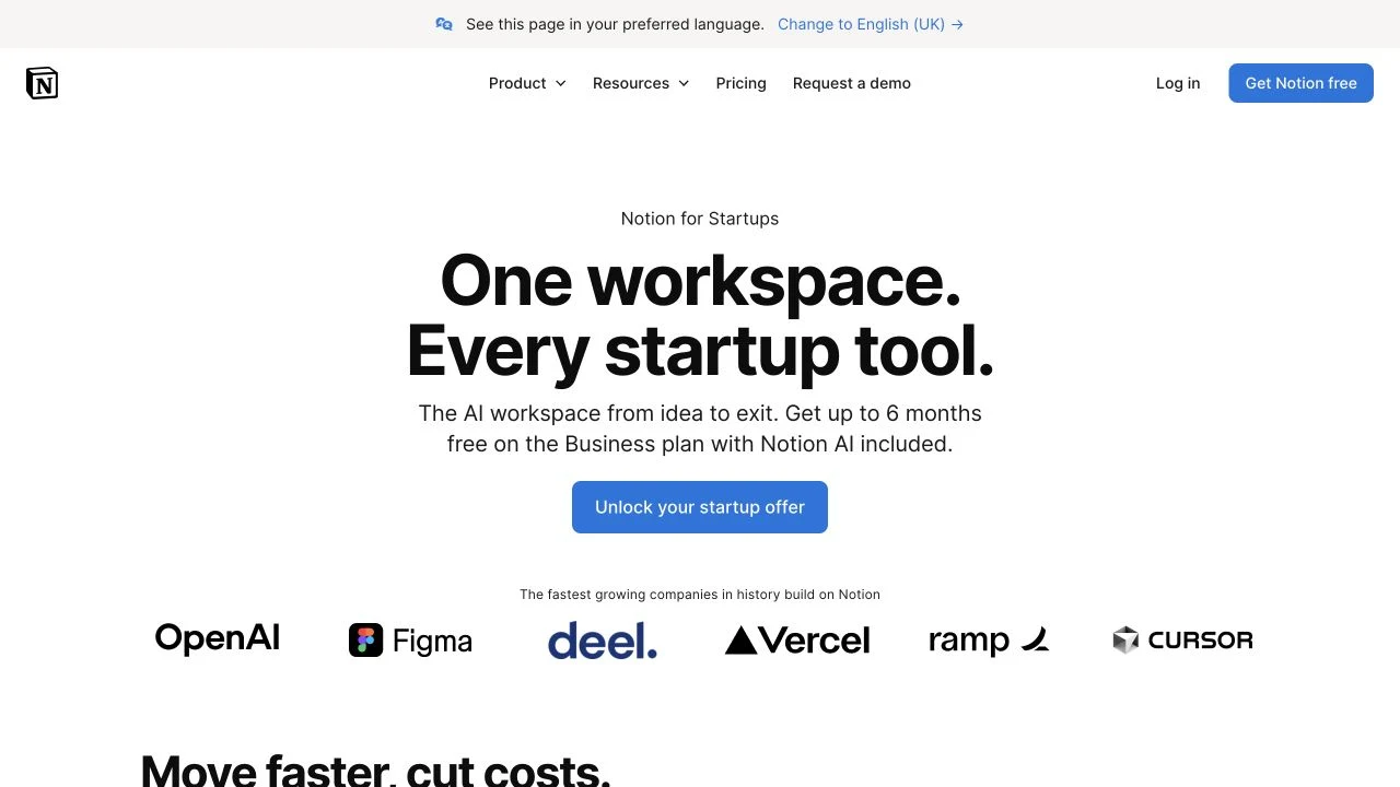 Notion for Startups official program page