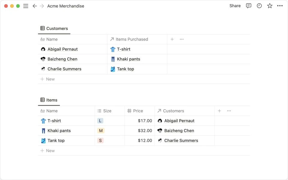 Notion Help Center demonstration of two databases connected through reciprocal relation properties