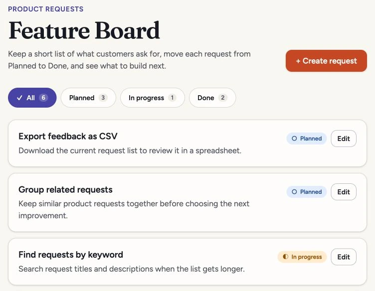 Initial Lovable feedback board showing request cards, a Create request button and an All count of six.