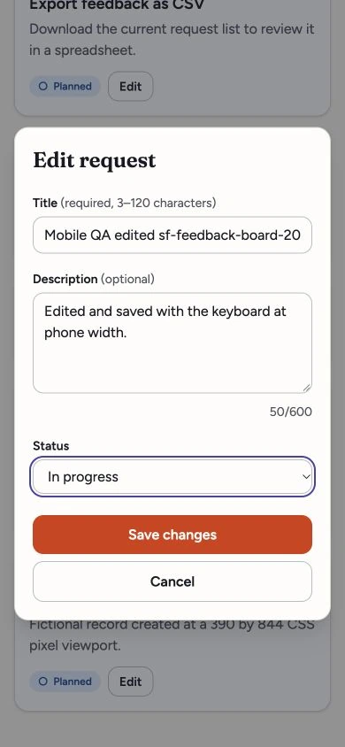 Lovable’s mobile modal editor before saving a fictional request.