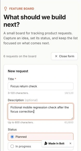 Bolt’s inline create form in its mobile preview after the keyboard-focus correction.