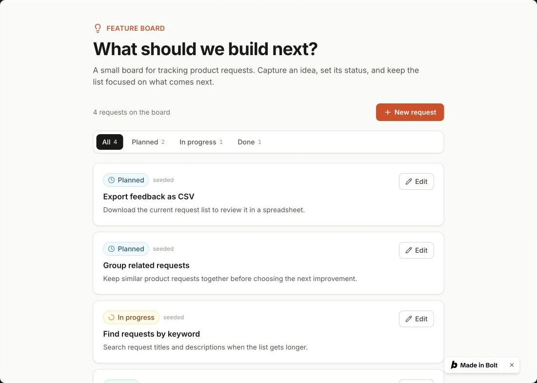 Initial Bolt feedback board showing four fictional requests, status filters and a New request action.