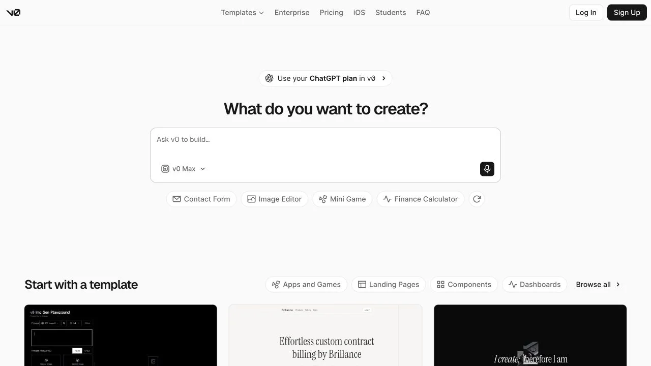 v0 public starting screen with its prompt composer and template choices.