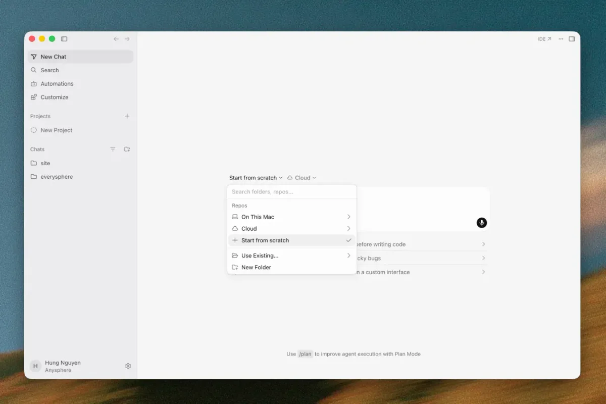 Cursor official product screenshot showing Start from scratch in the repository picker.