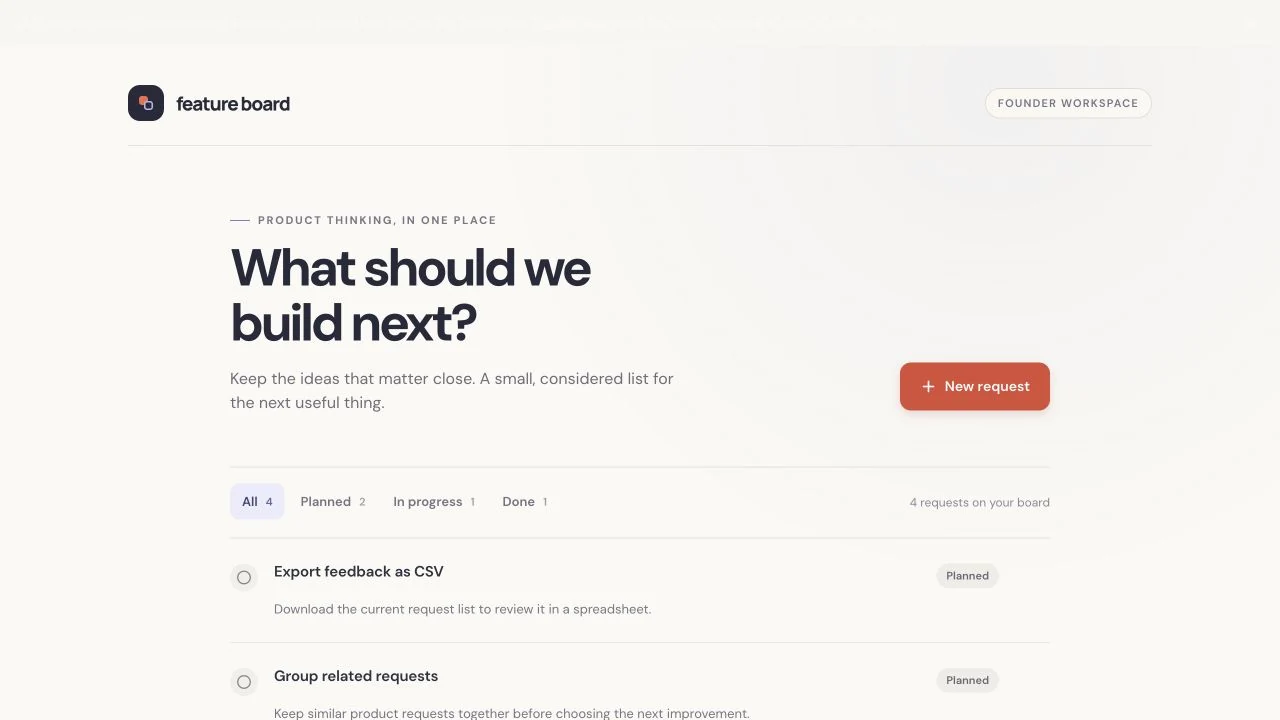 Replit-generated feedback board in the private development preview, with status filters and the original example requests.