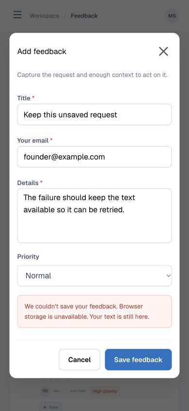 Mantine form retaining valid text after the demo injects a storage-write failure.