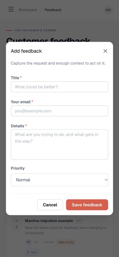 First migrated mobile form with 36-pixel title and email controls.
