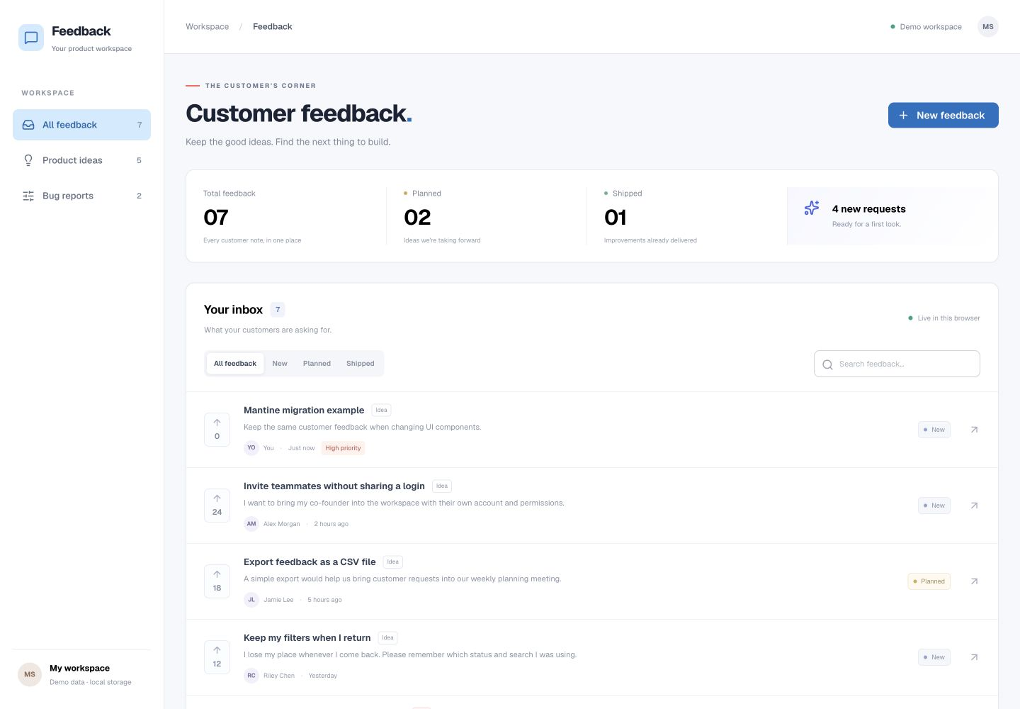 Fictional feedback inbox built with Mantine, including the extra saved migration request.