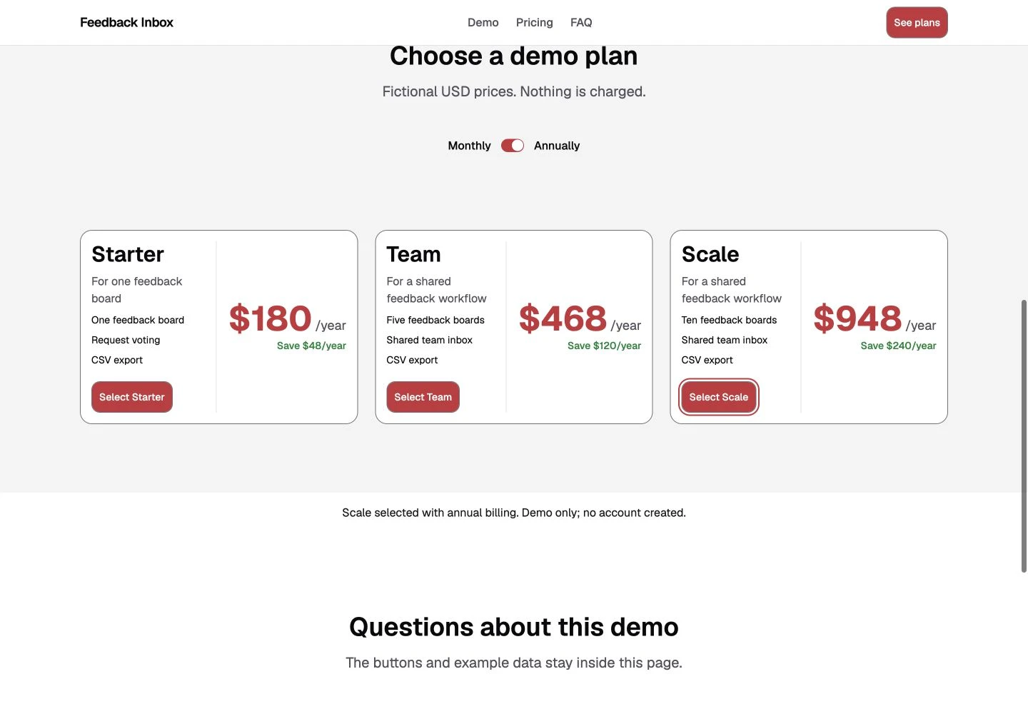 Studio three-plan annual pricing after darker text and a working Scale selection confirmation.