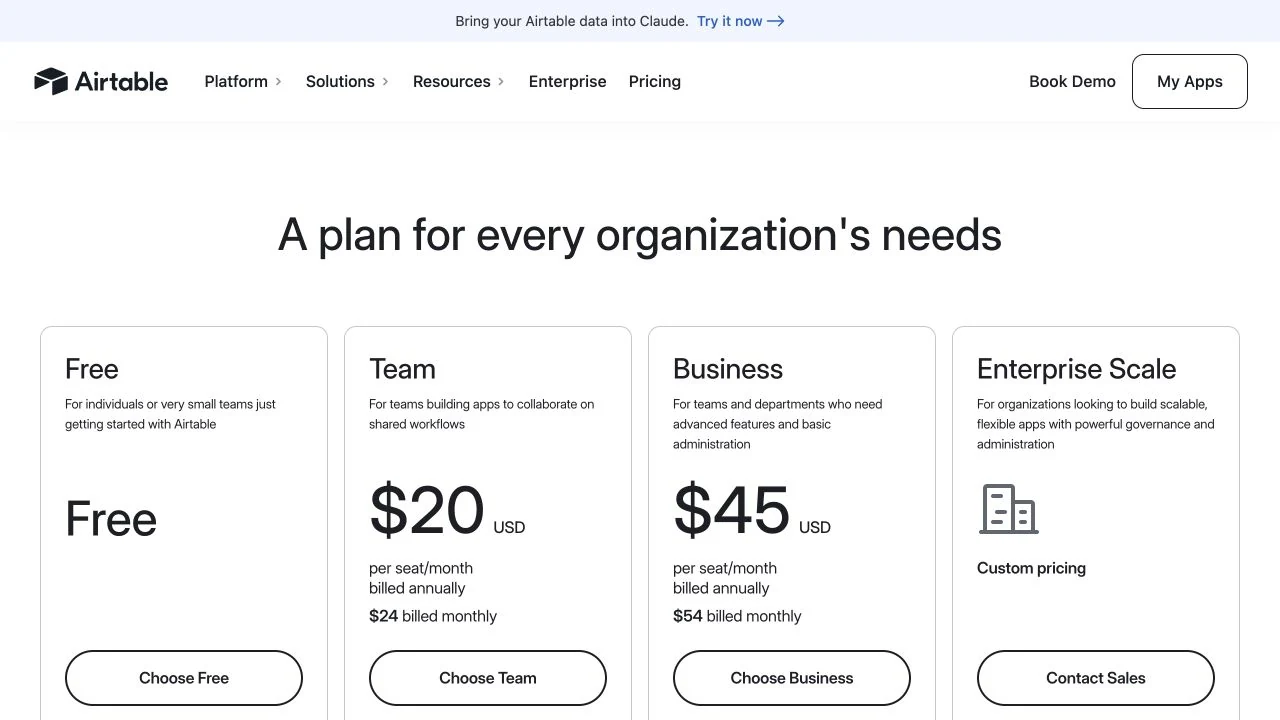 Airtable's public USD price display: Free, Team at 20 dollars annually or 24 monthly, Business at 45 annually or 54 monthly per seat