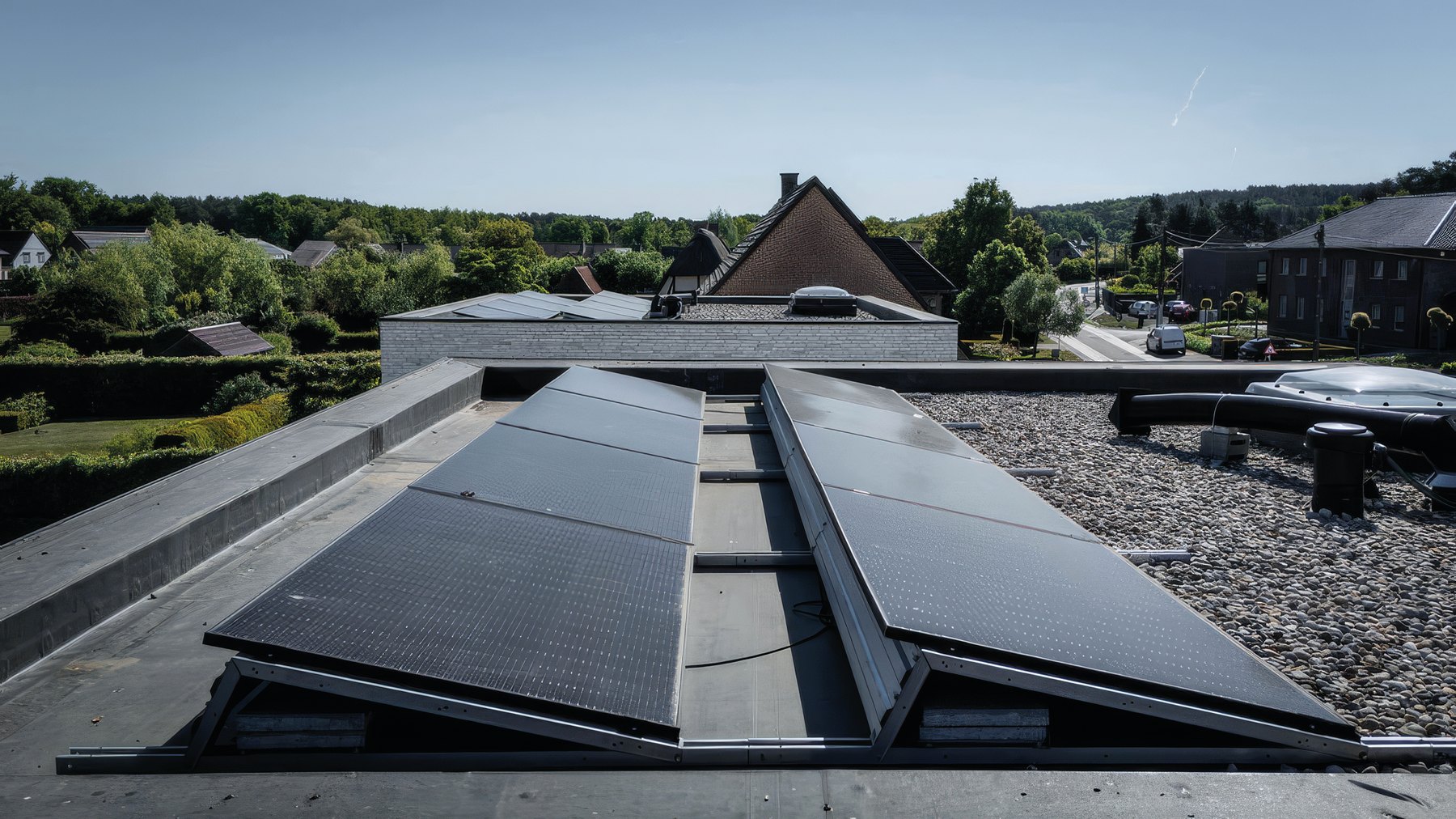 Plat EPDM-dak van BossCover met zonnepanelen