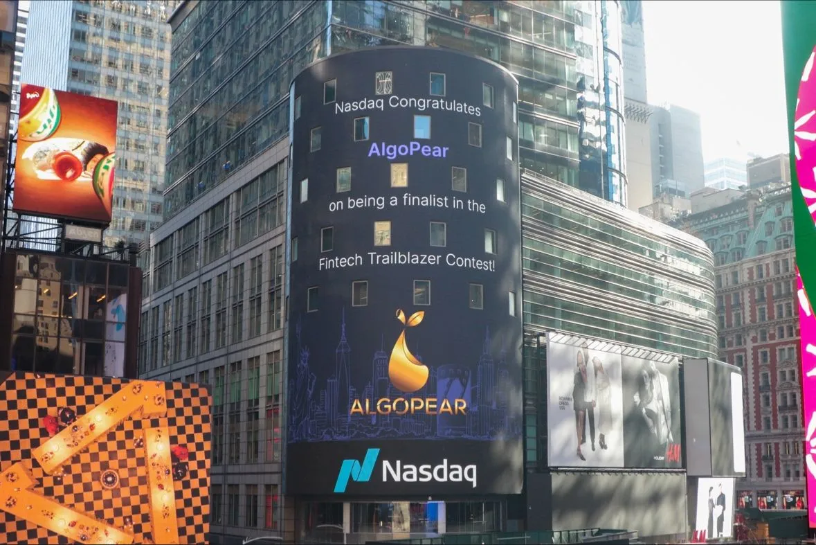 AlgoPear logo presented at Nasdaq wealth tech trailblazer contest in NYC times square