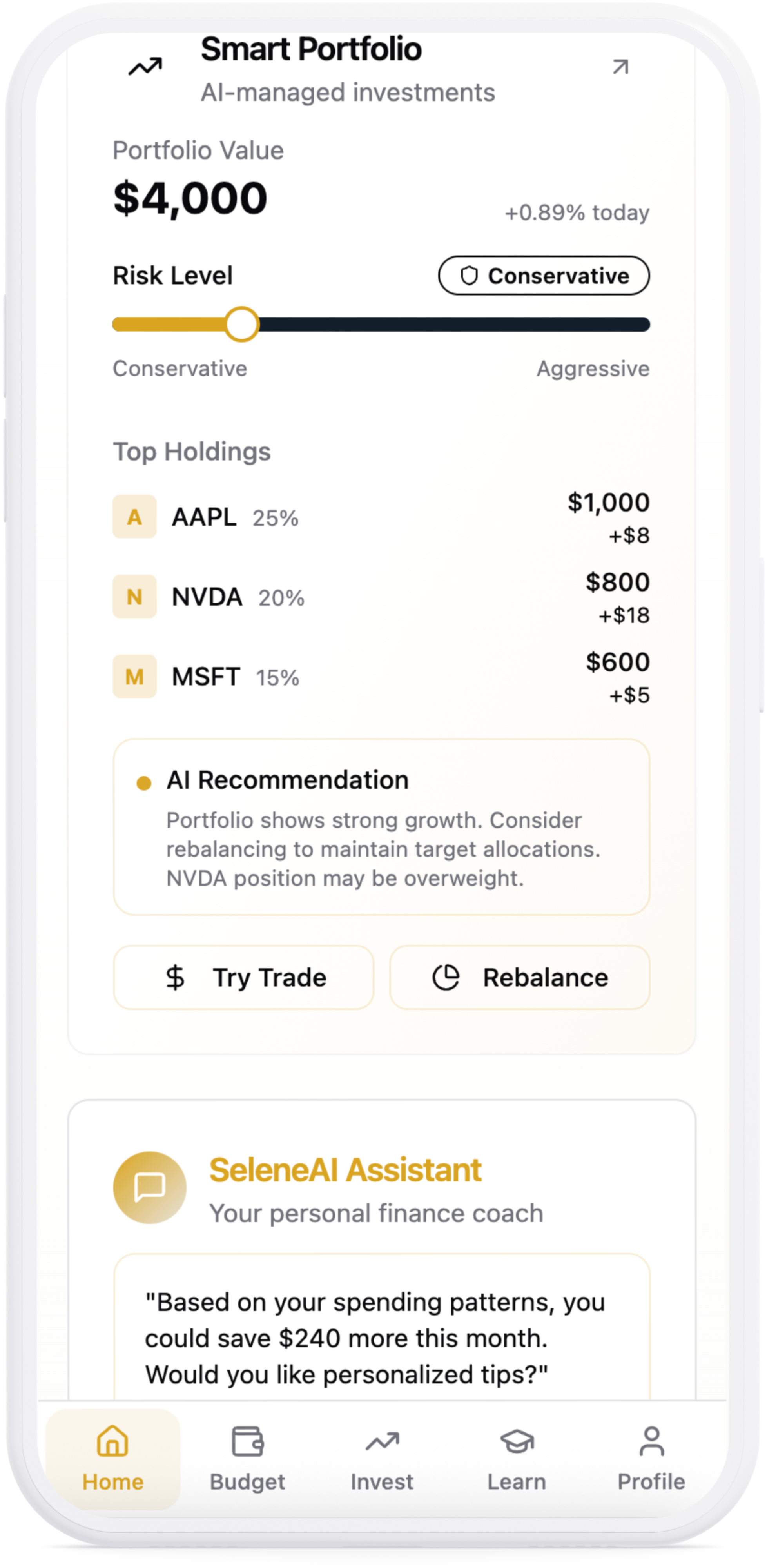 Screen of SeleneAI app for investing smart portfolios