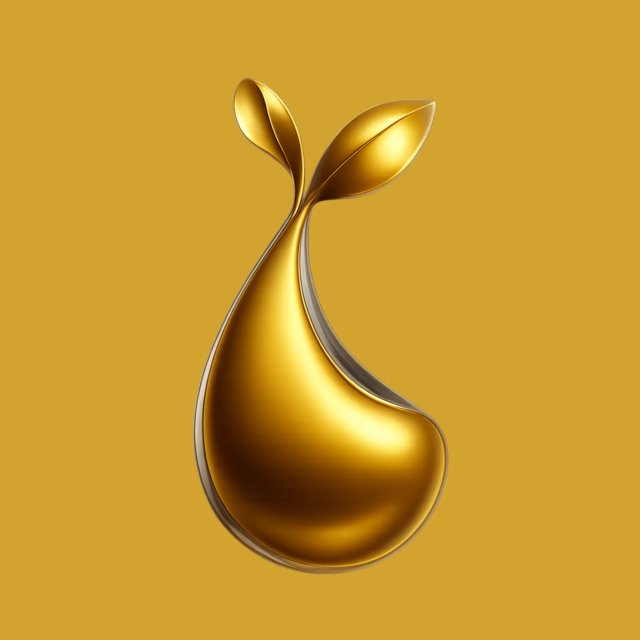 Shiny golden pear shape with two leaves on a gold background.