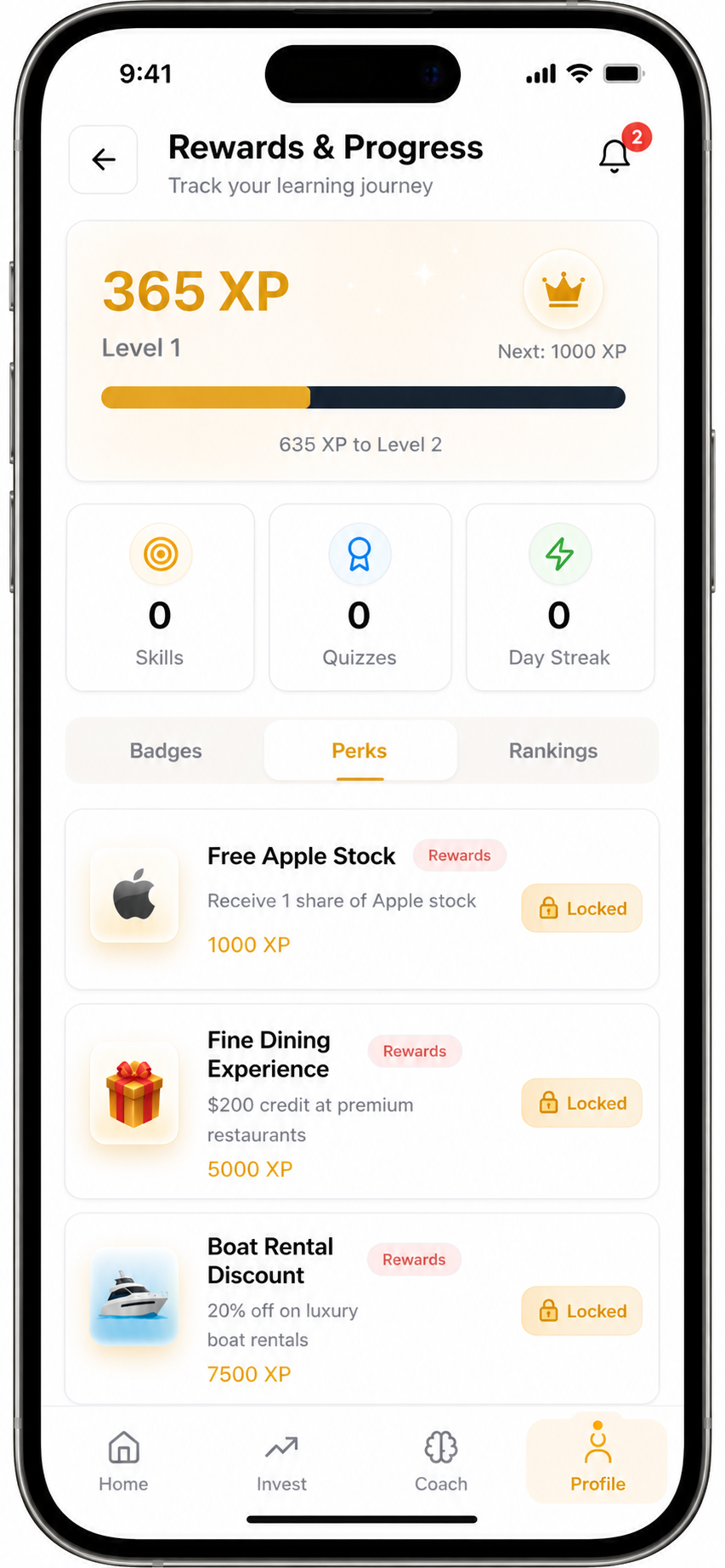 Selene Intelligence Rewards & Progress screen showing 365 XP at Level 1 with progress bar, 0 skills, quizzes, and day streak, and locked perks like Free Apple Stock and Fine Dining Experience.