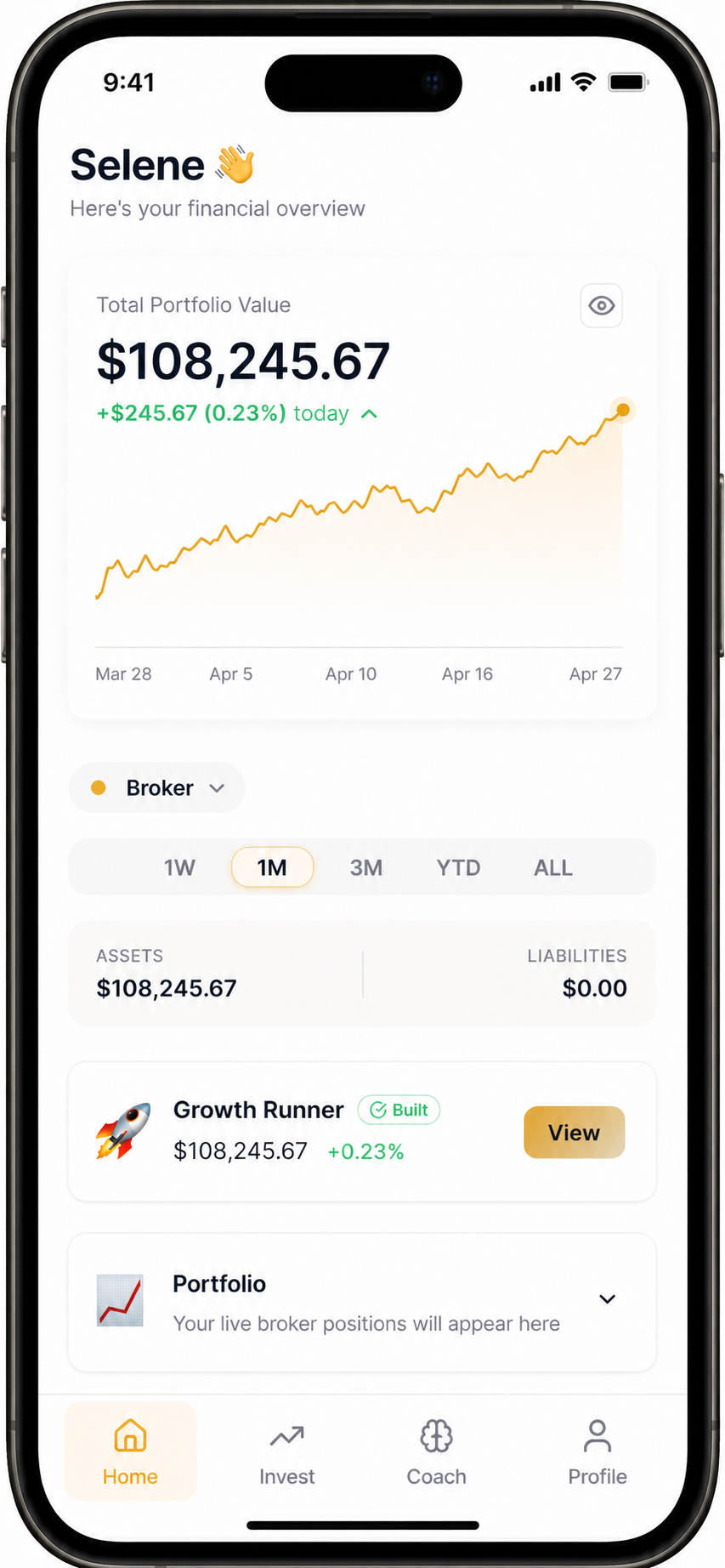 Selene Intelligence Mobile app screen showing Apple Inc. stock price at $262.24 with a gain of $5.15 (2.01%) today and a green line stock chart with volume bars.