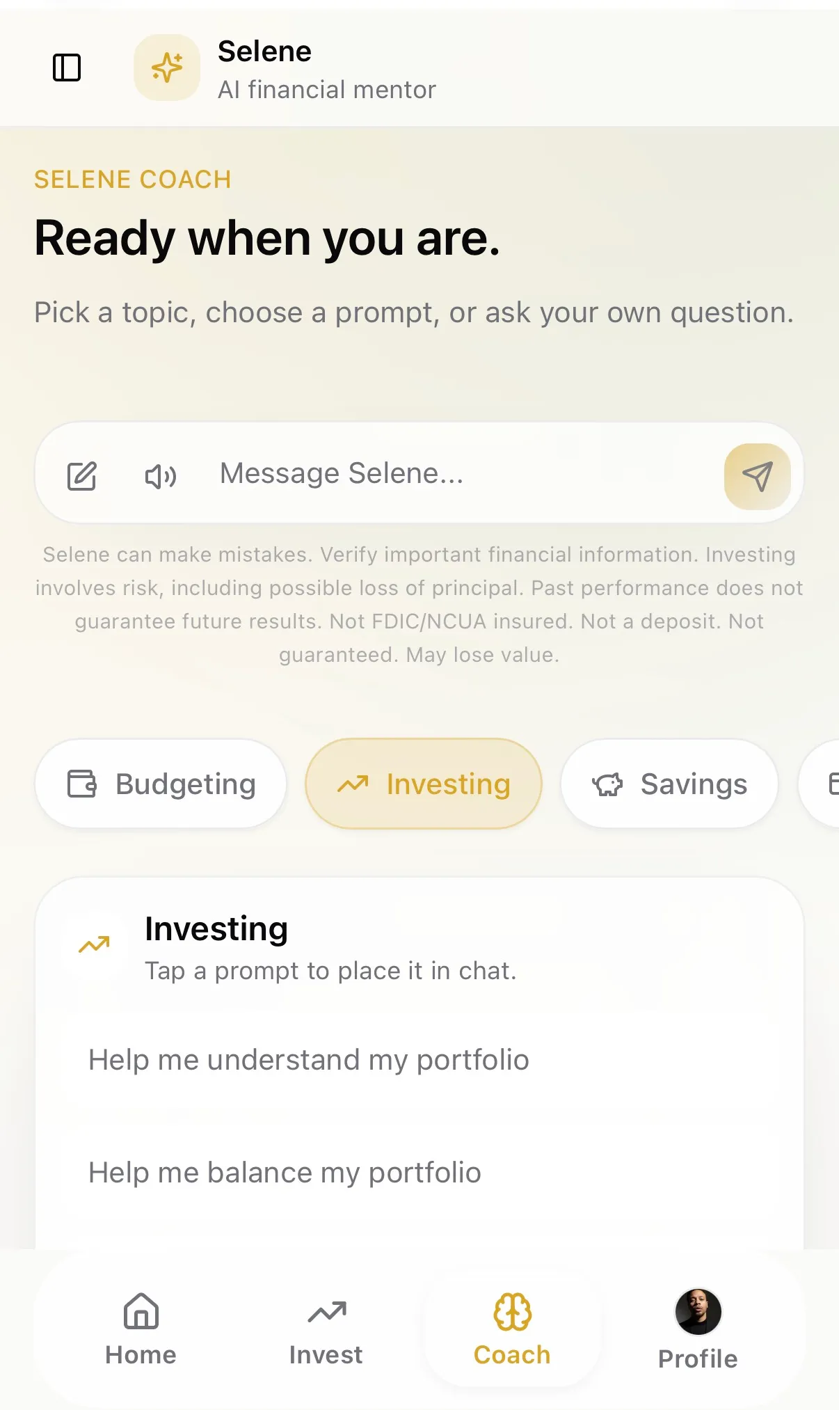 Selene AI financial guidance interface helping account holders build confidence and take next-best actions