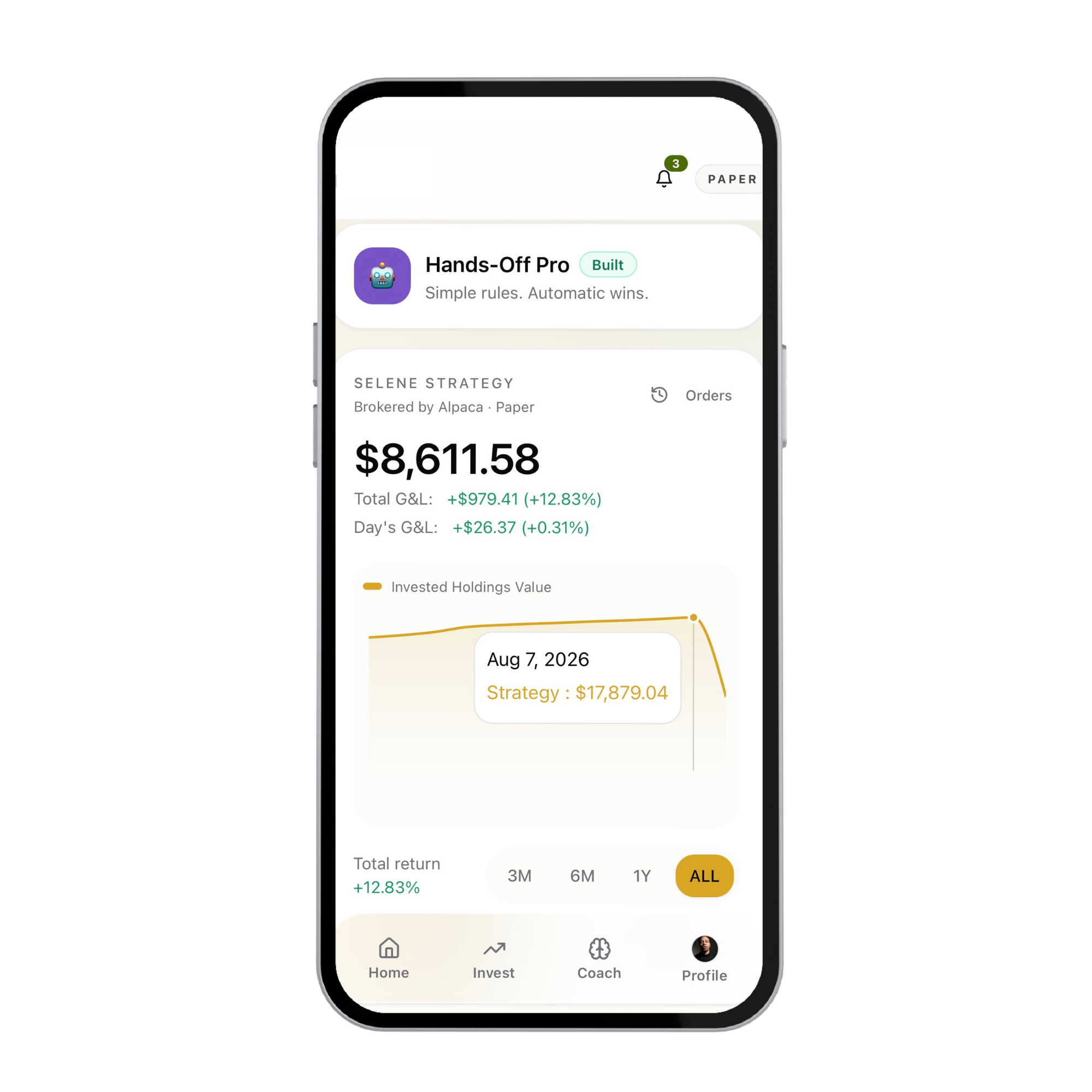 Selene Intelligence Mobile app screen showing Apple Inc. stock price at $262.24 with a gain of $5.15 (2.01%) today and a green line stock chart with volume bars.