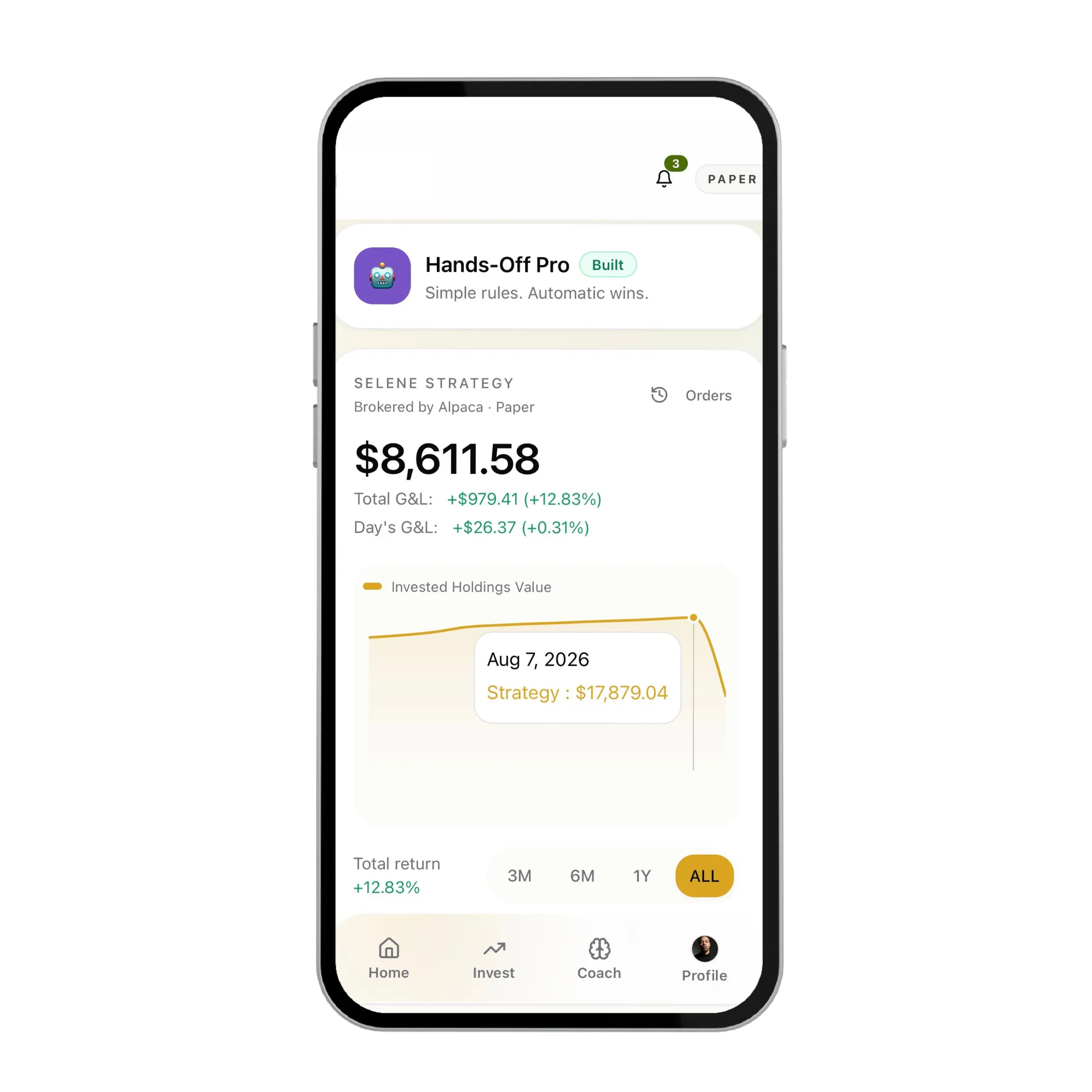 Selene Intelligence Mobile app screen showing Apple Inc. stock price at $262.24 with a gain of $5.15 (2.01%) today and a green line stock chart with volume bars.