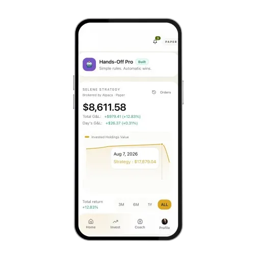 Mobile app screen showing $8,611.58 portfolio value with a 12.83% return and a strategy value chart.