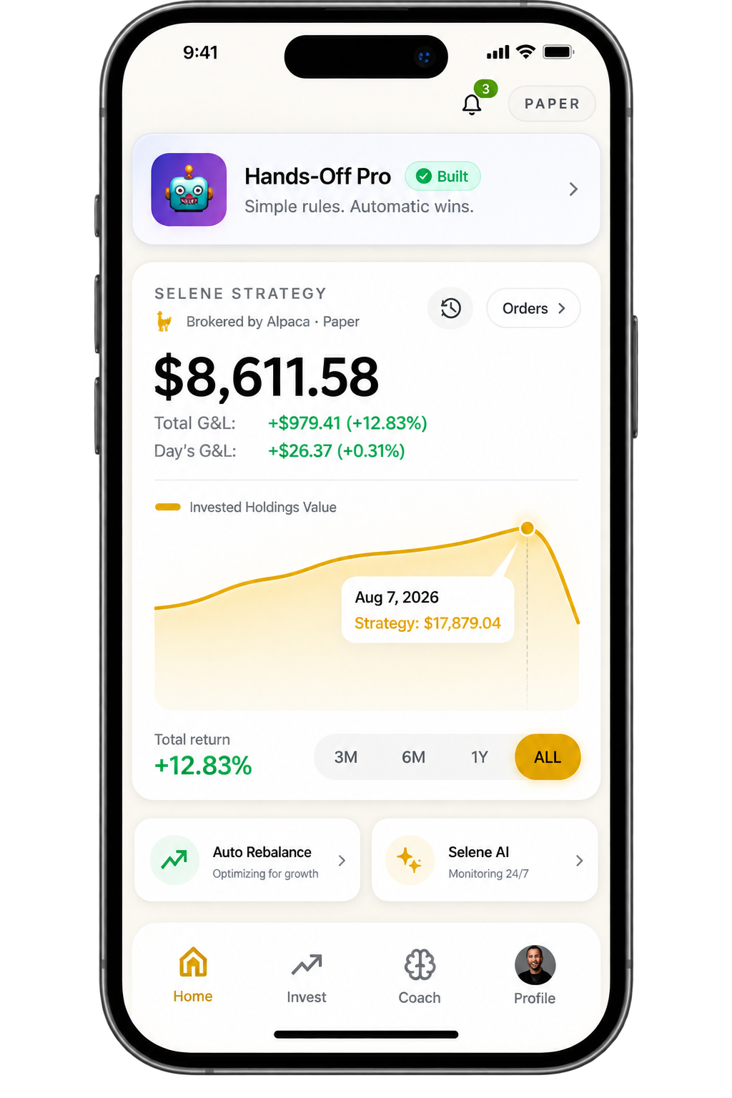 Selene Intelligence Mobile app screen showing Apple Inc. stock price at $262.24 with a gain of $5.15 (2.01%) today and a green line stock chart with volume bars.