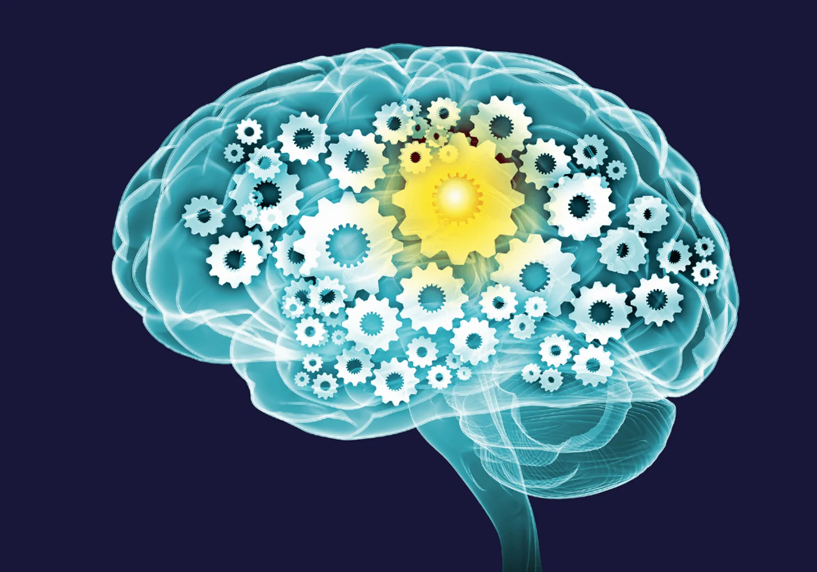 A blue and white image of a brain with gears in it.