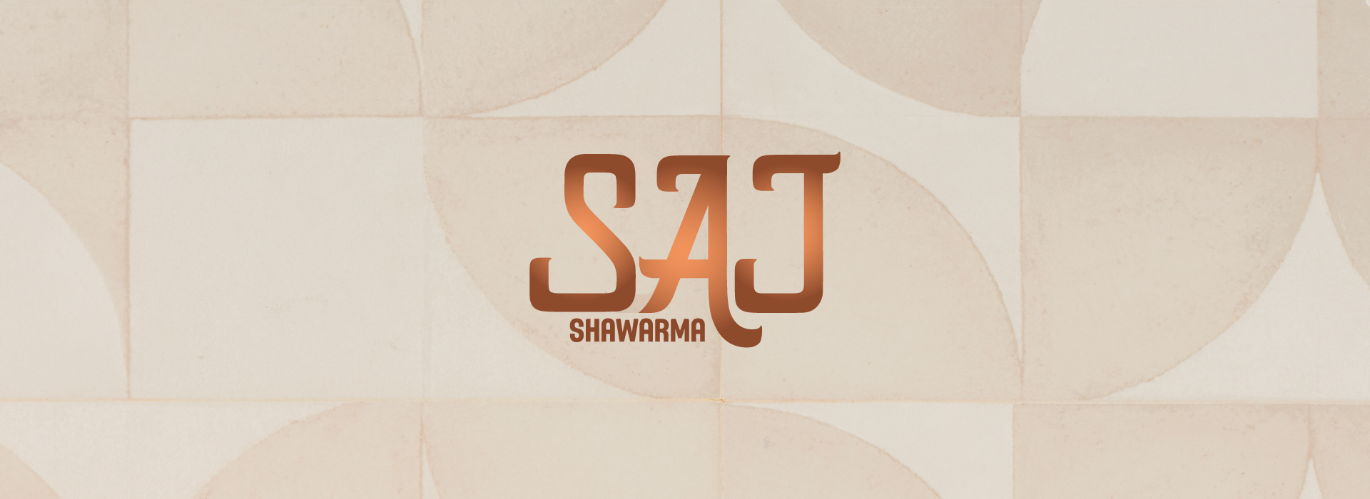 SAJ Shawarma logo with stylized brown and orange letters on a beige tiled background.