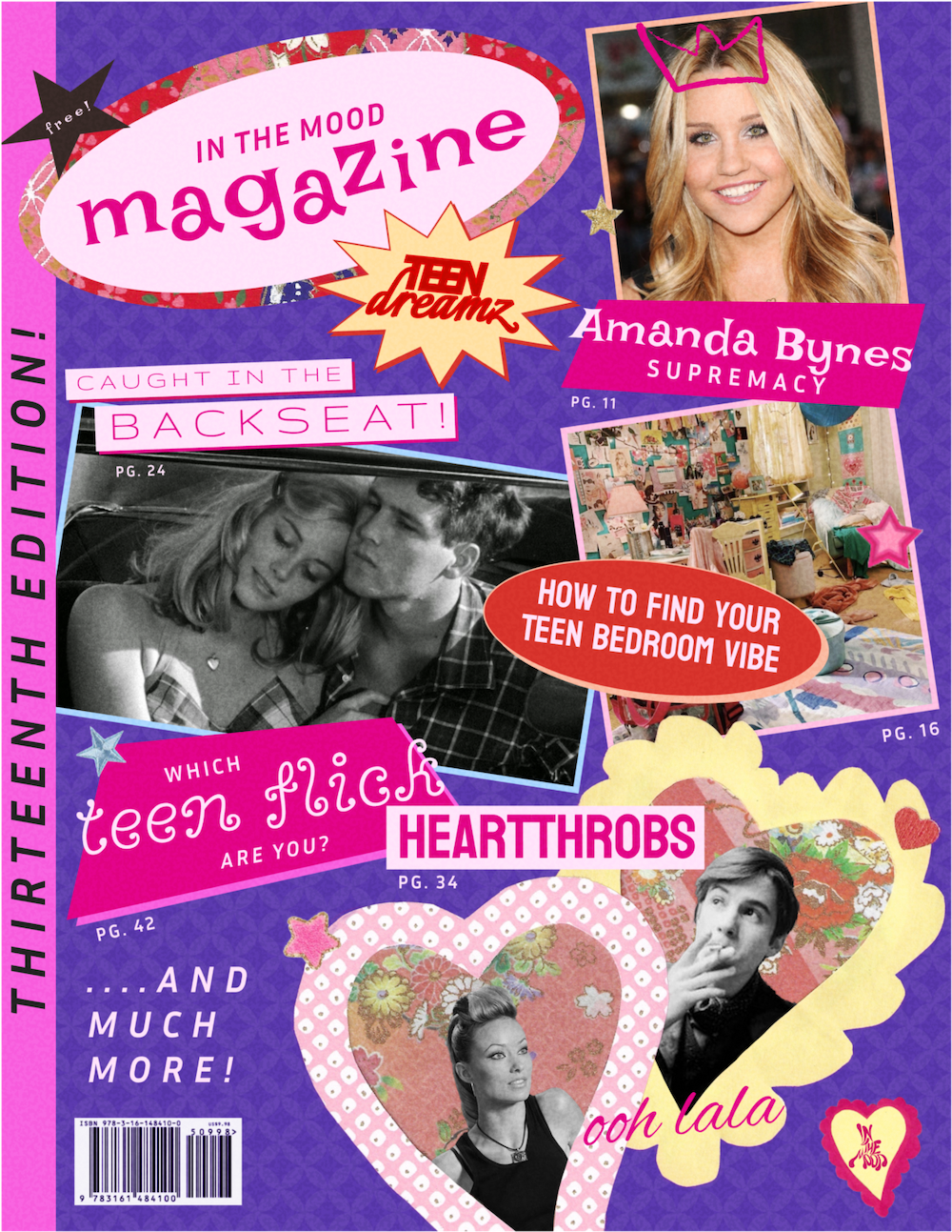 A teen magazine inspired cover for Issue 13, Teen Dreamz, with bright purples and yellows. Includes article teaser titles like "Amanda Bynes supremecy" and "How to find your teen bedroom vibe"