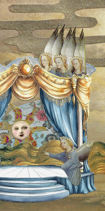A collage if a Victorian theatre, with angels and a sun