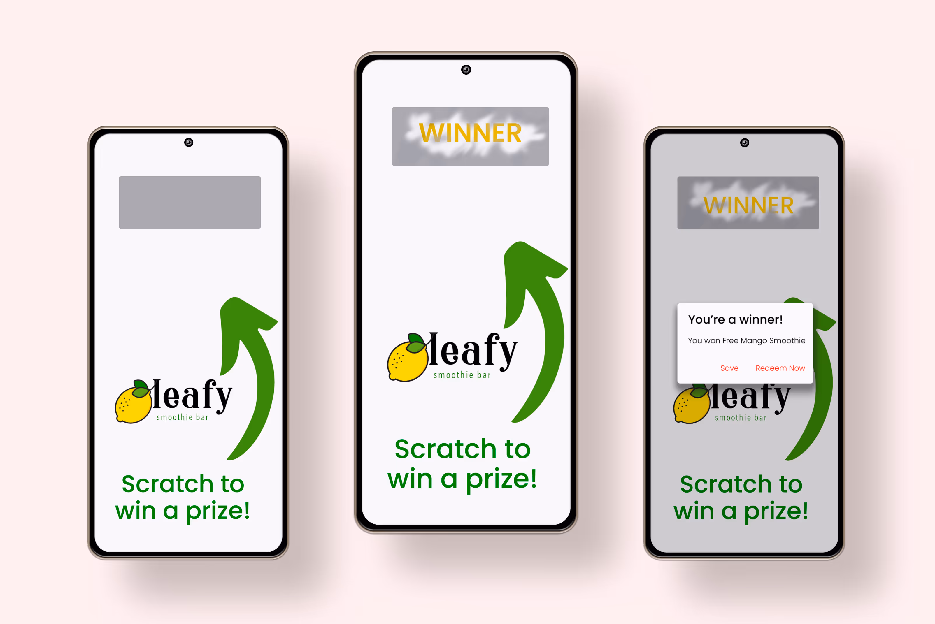screenshots of scratch and win game on stamp me app