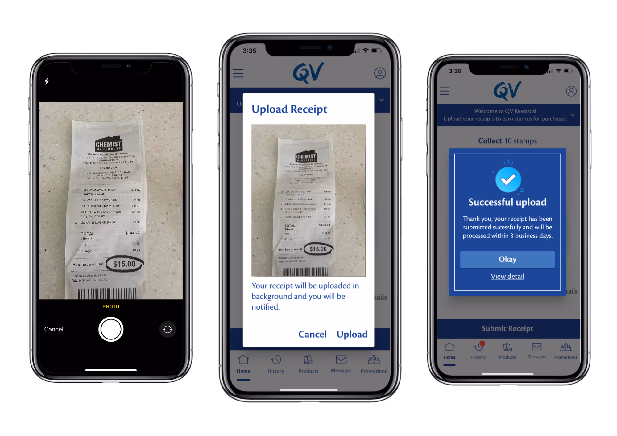 Screenshot of receipt uploading feature in the My QV app, streamlining customer reward tracking and loyalty
