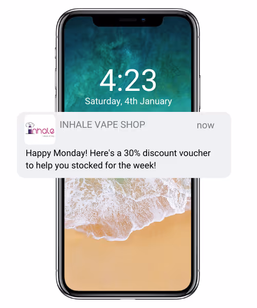 A push notification from a vape shop via Stamp Me app 
