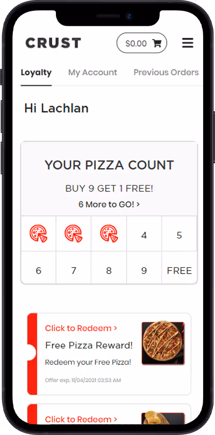 Crust app interface on phone screen frame. 