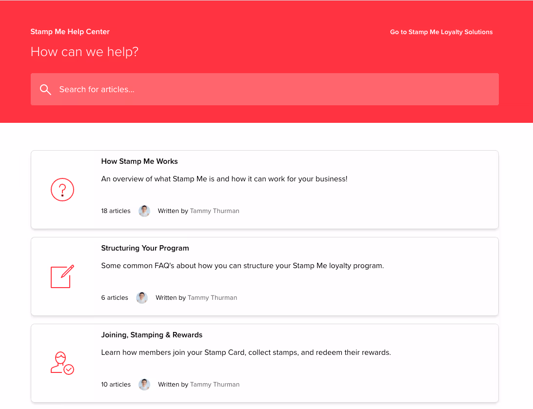 Stamp Me's easy to navigate help centre is a great resource for teaching your staff about your loyalty program