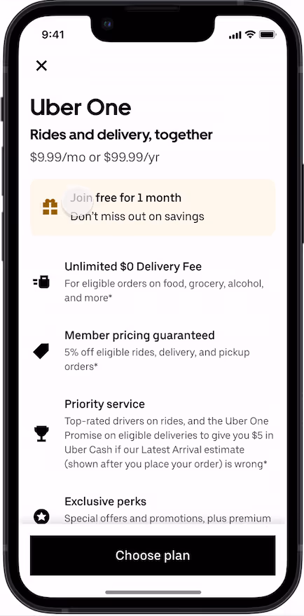 Uber One offers loyal customers free delivery, discounts, promotions, and more.