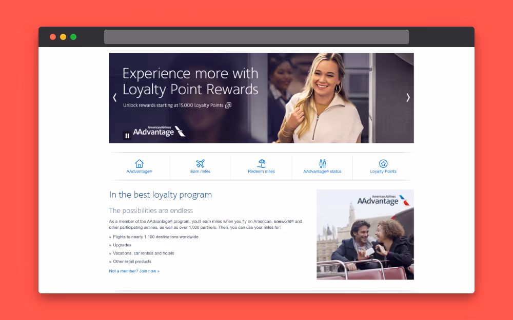 Landing page for American Airline's rewards program. 