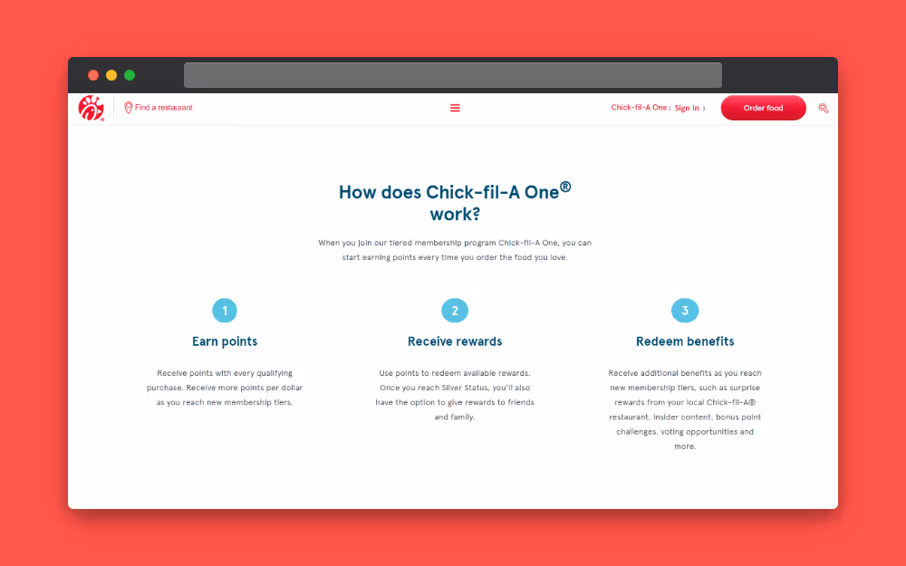 Landing page for Chick-fil-A's rewards program. 