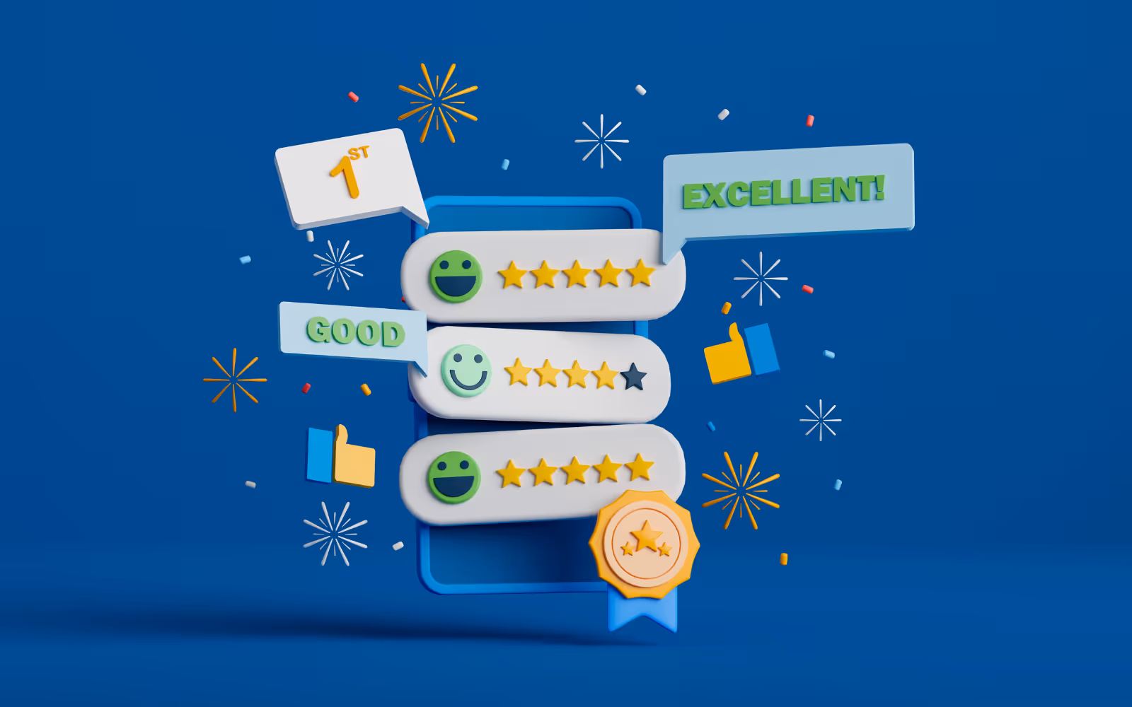 A graphic of a mobile phone with positive online reviews. 