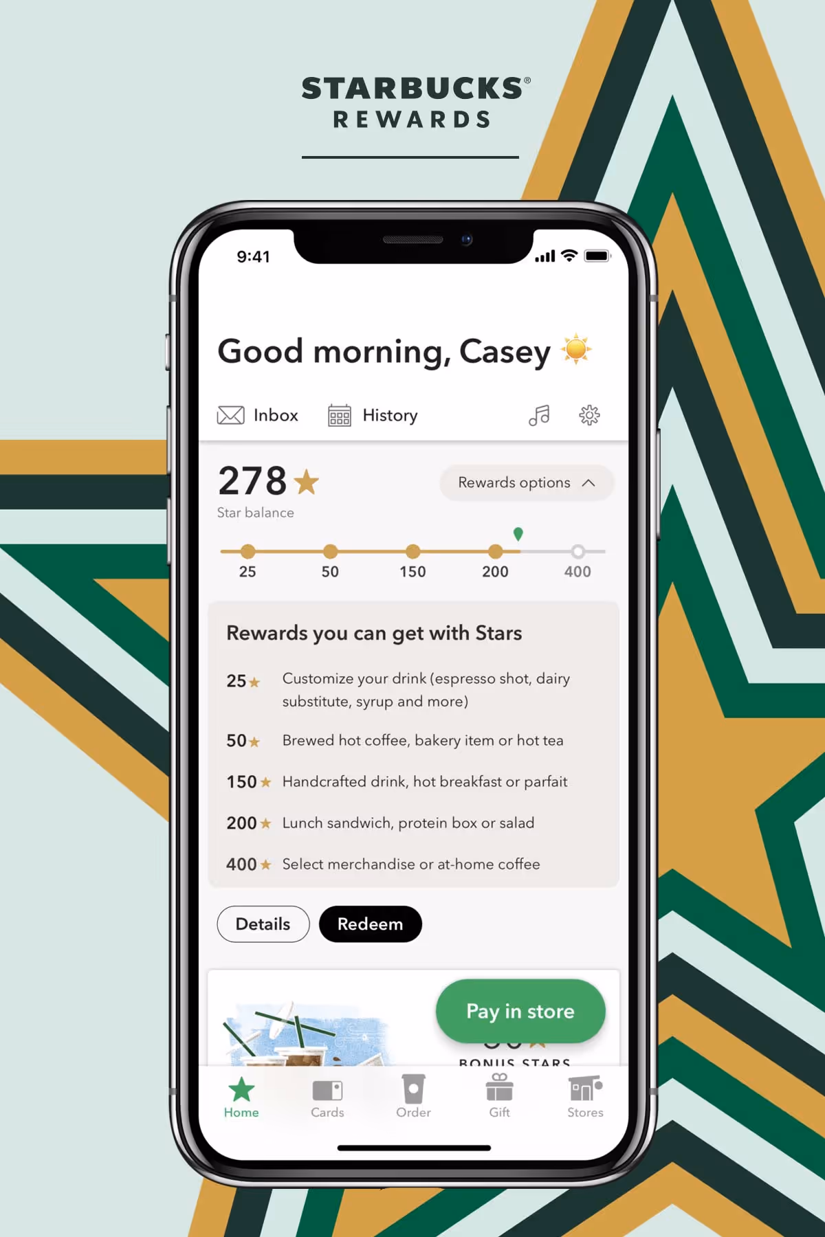 A screenshot of the Starbucks Rewards app interface homepage.