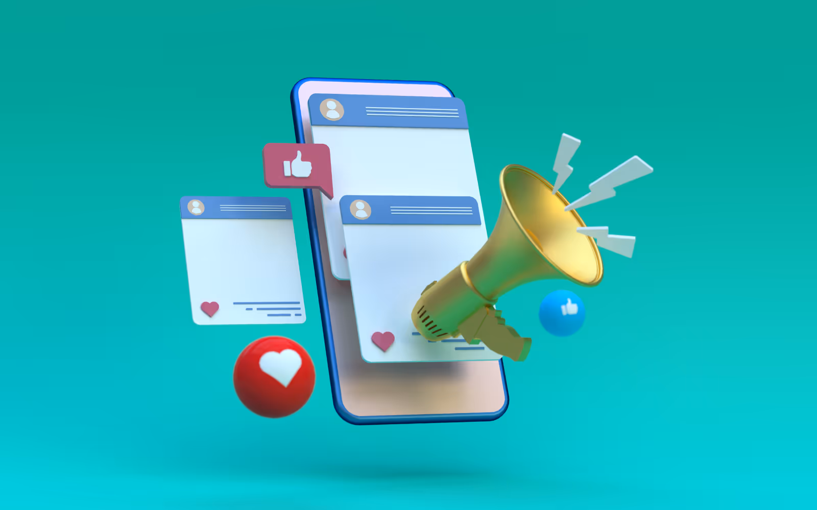 Graphic of a mobile with notifications and various mobile graphics (bell, heart, comment button).